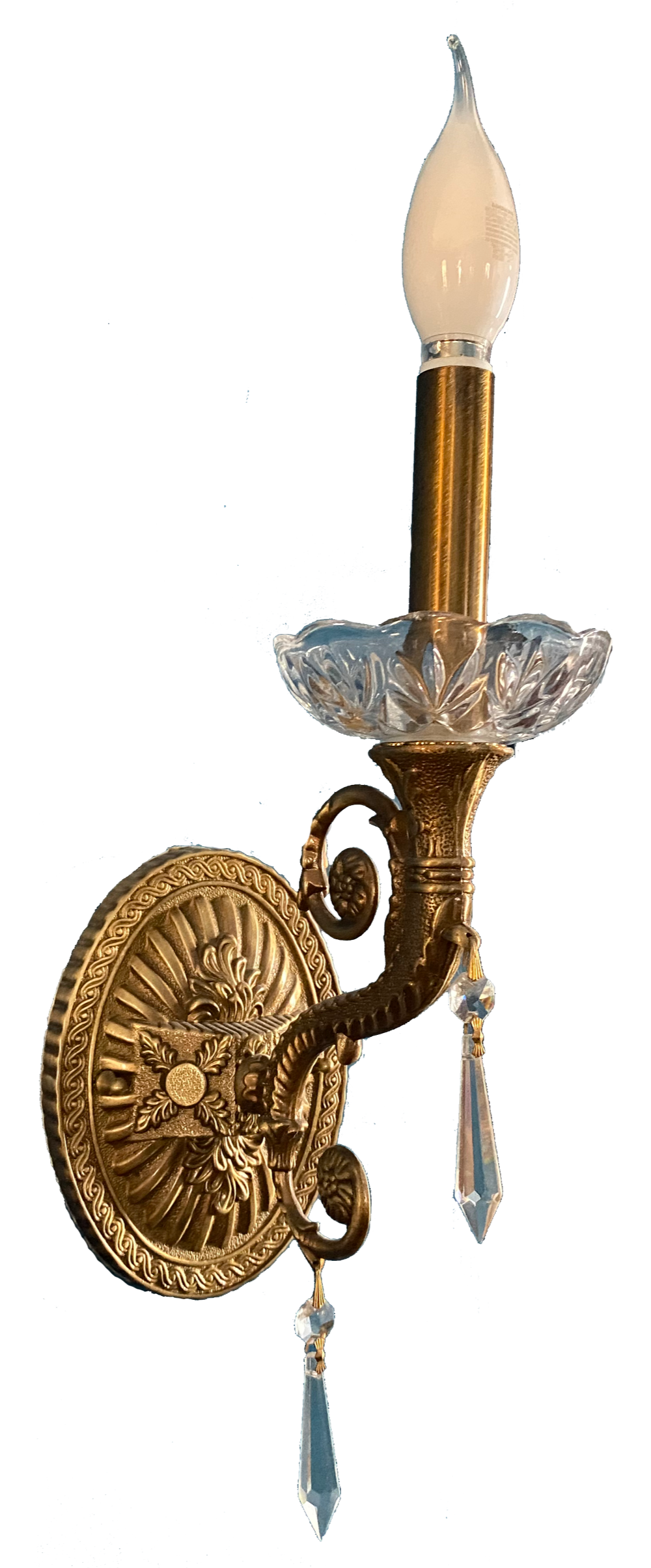 A vintage wall-mounted chandelier with a candle-shaped bulb, ornate gold design, and hanging crystal decorations.