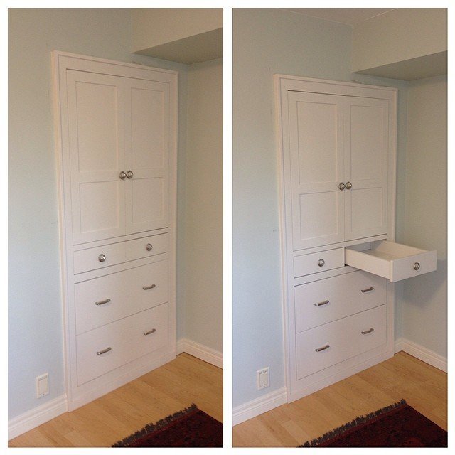 Comparison of a built-in white storage cabinet in a room, with the right side showing the cabinet partially open with a drawer pulled out.