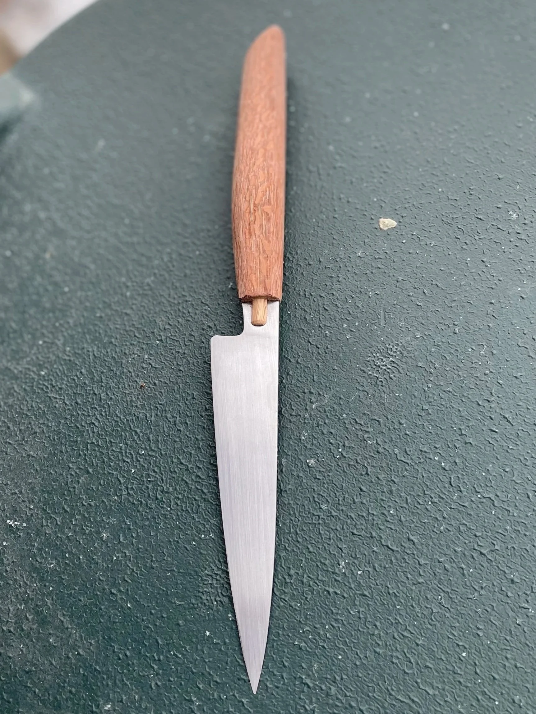 A small carving knife with a wooden handle and metal blade resting on a textured green surface.