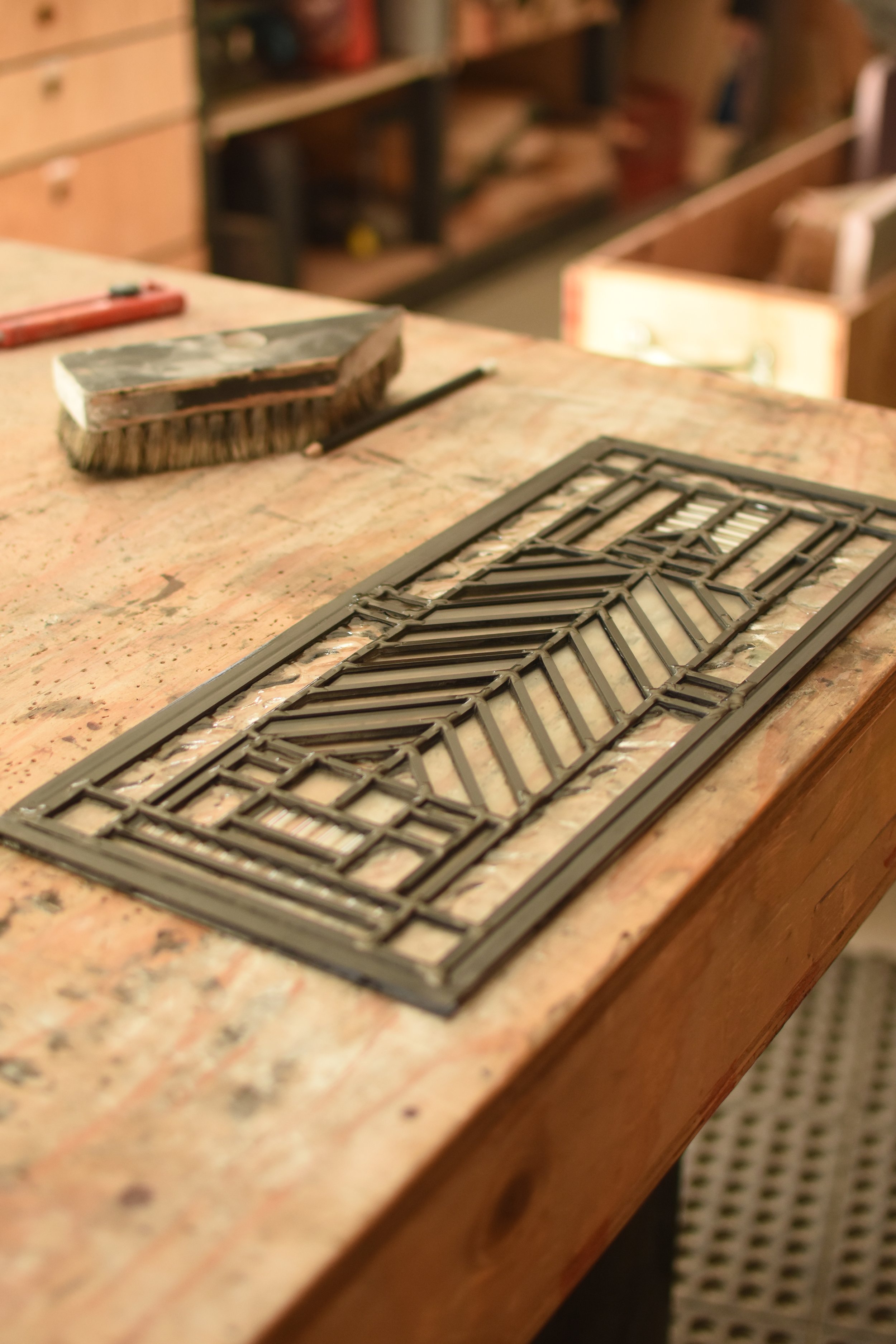 Leaded glass panel with geometric pattern
