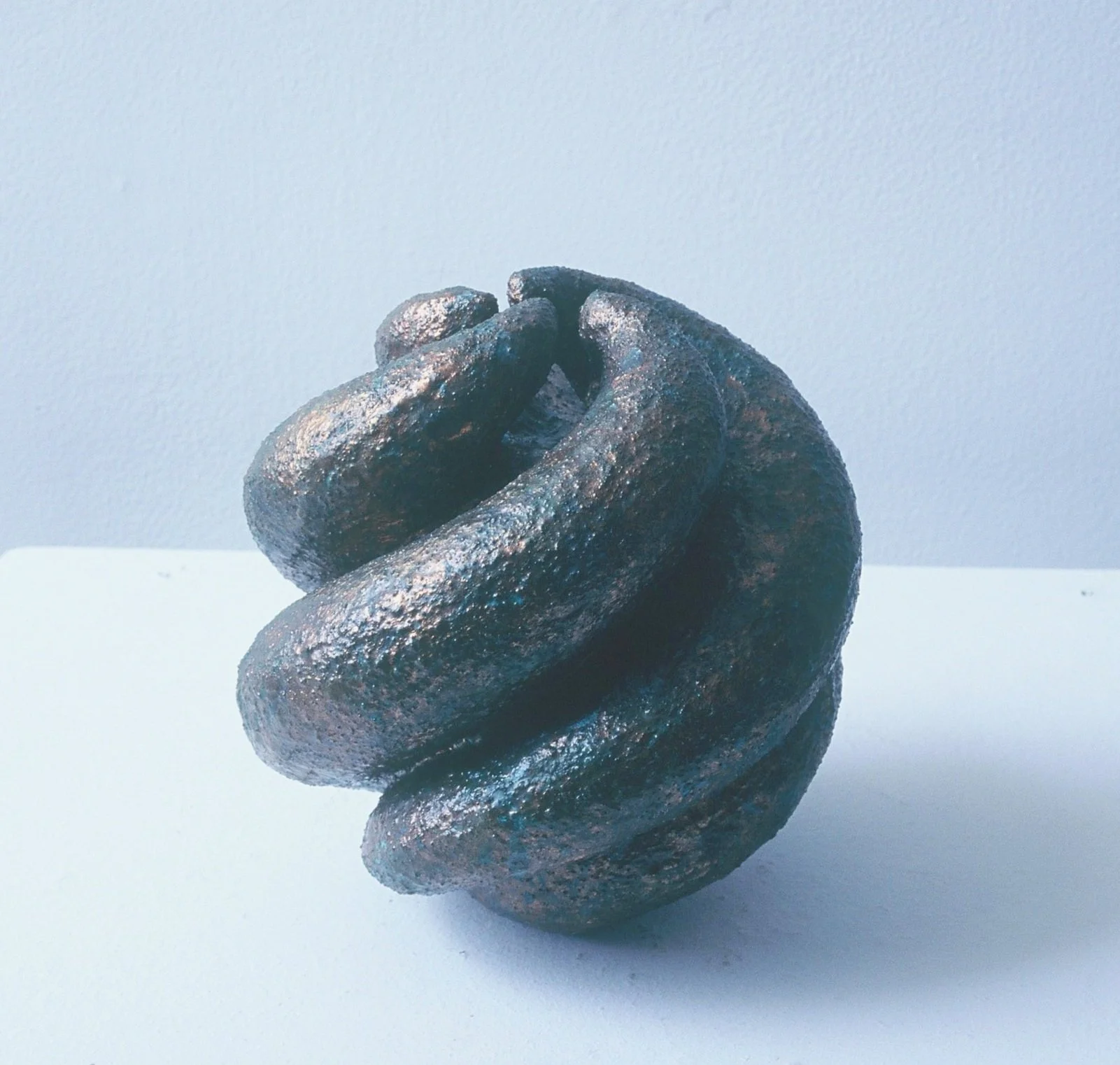 Close-up of a tightly coiled, shiny black rock sculpture resembling a human brain, placed on a white surface against a light background.