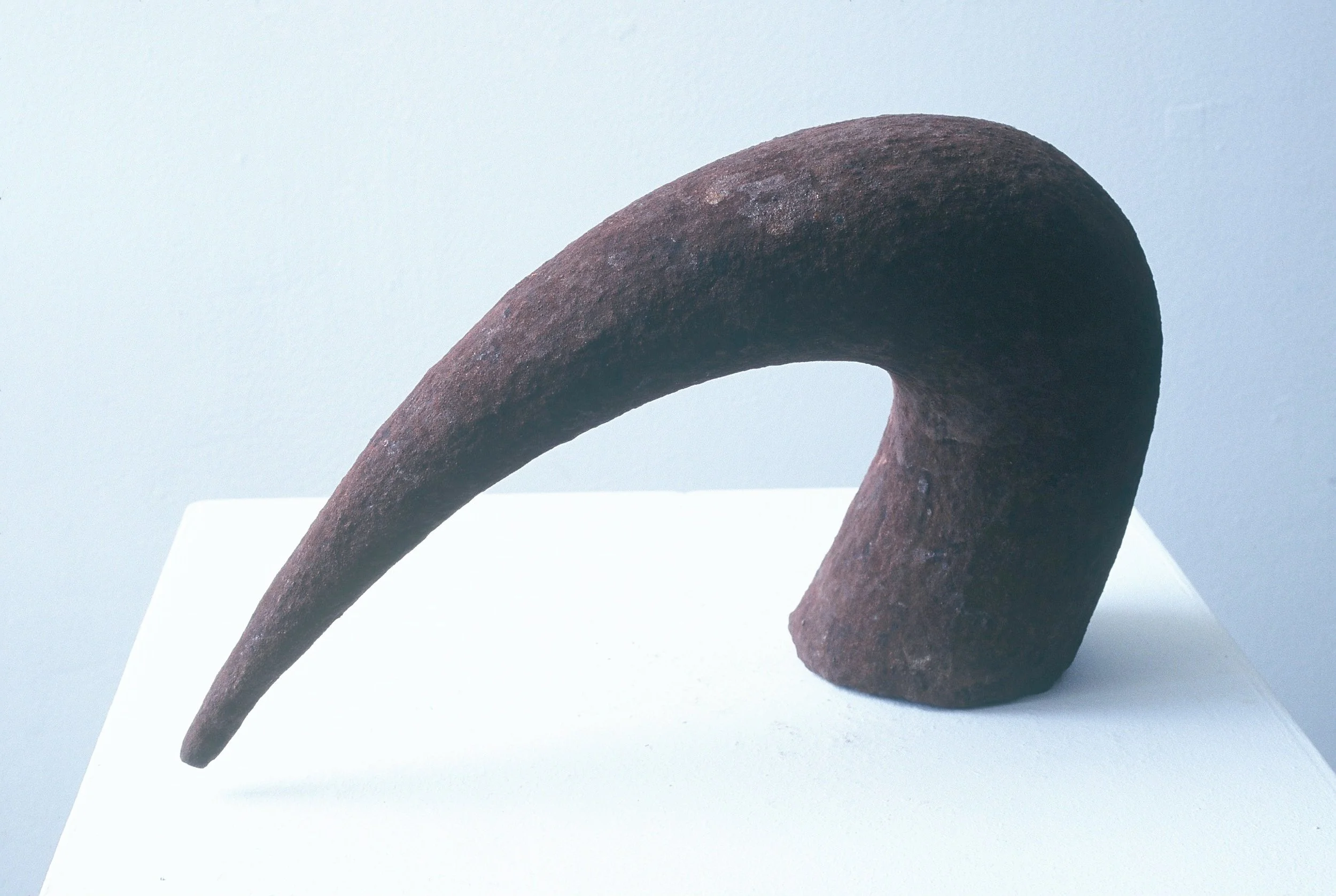 A rusted, curved metal object resembling an abstract sculpture or artifact, placed on a white surface with a plain light background.