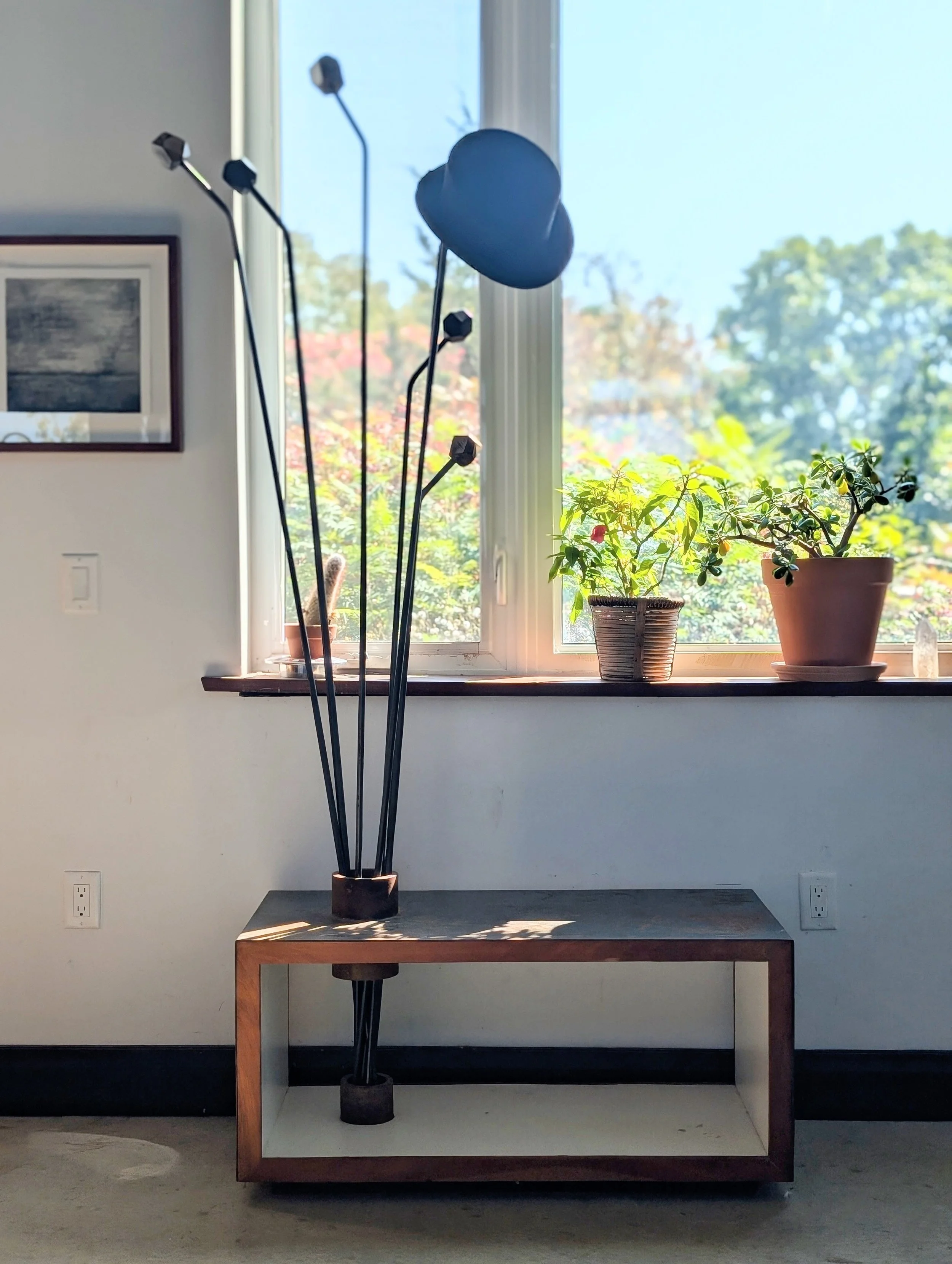Interior with a modern table holding a tall black floor lamp with a cloud-shaped lampshade, in front of a large window with three potted plants on the windowsill, including a leafy green plant and a small tree.