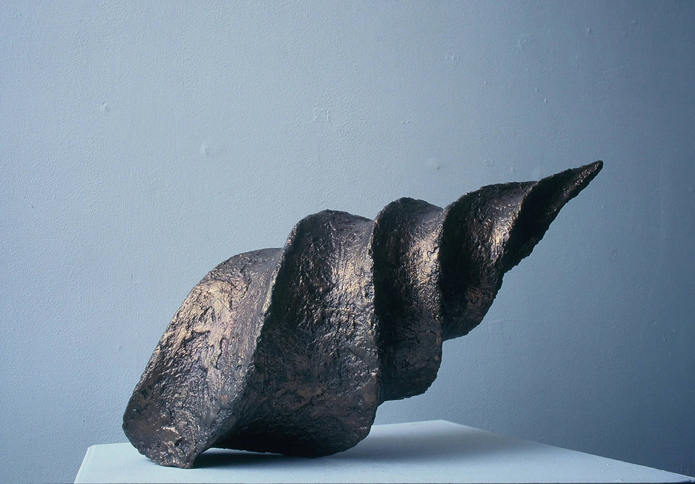 A dark, textured sculpture resembling a curled horn or spiral shell on a white pedestal against a plain wall.