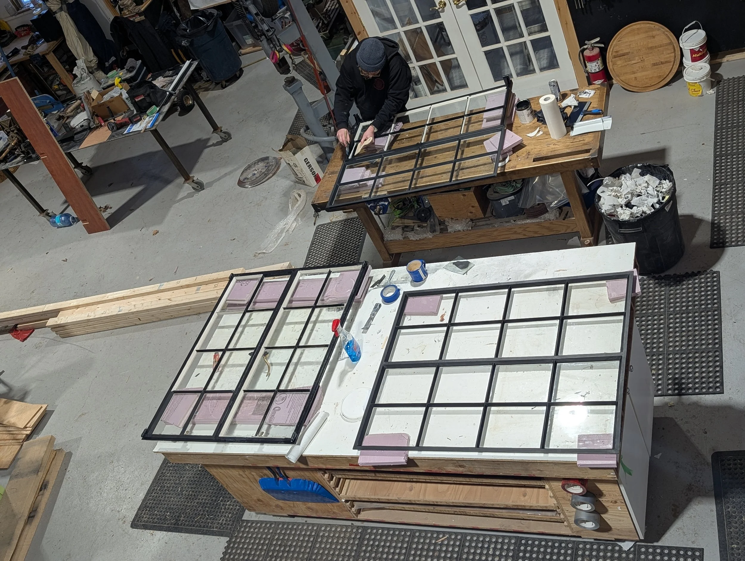 Wood and metal window assemblies in fabrication
