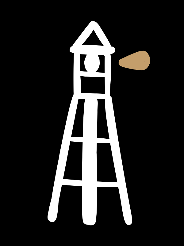 Simple illustration of a tall white lighthouse on a black background with a small beige light at the top.