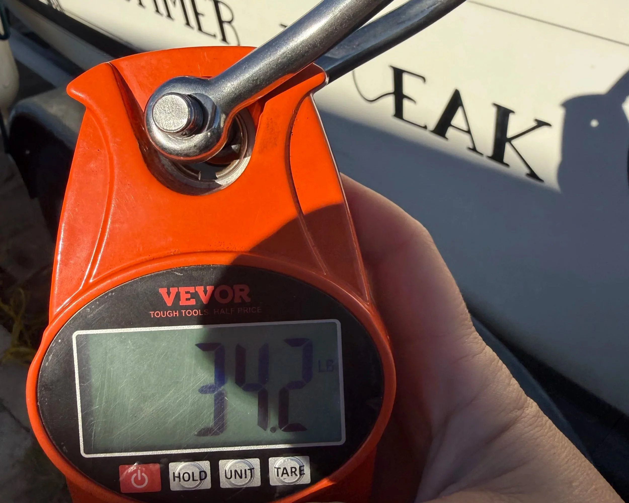 Fish scale showing weight of yellowtail as 34.2 lbs