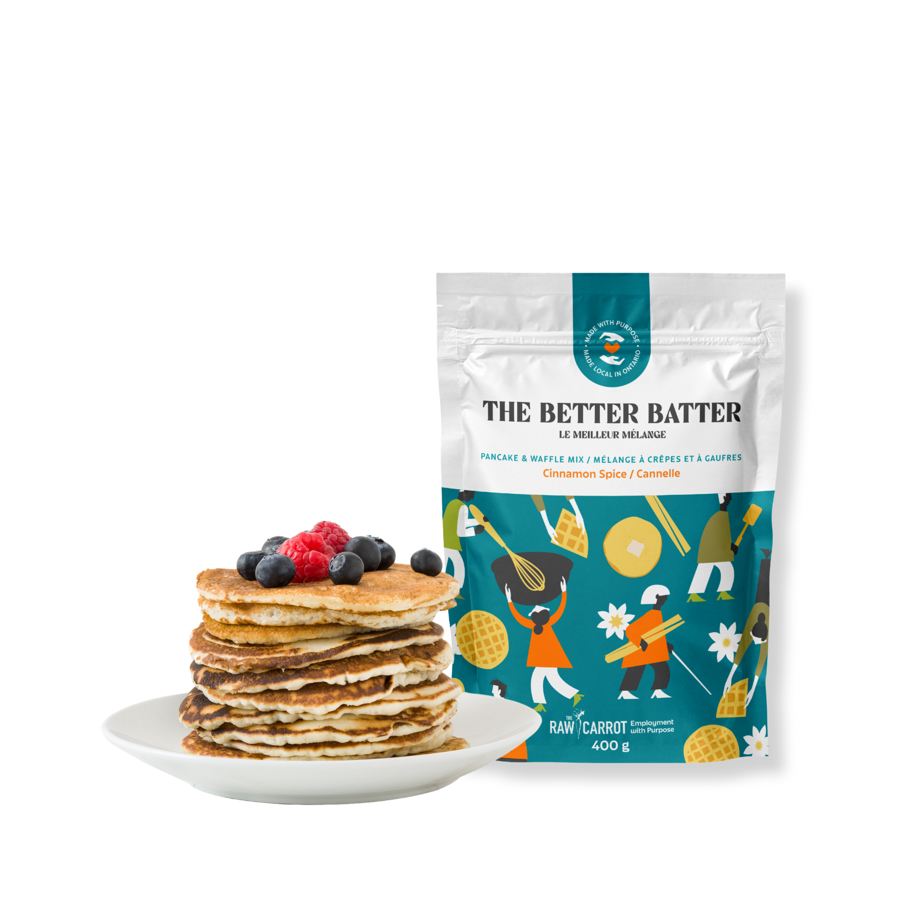 Stack of pancakes topped with berries next to a bag of pancake and waffle mix labeled Cinnamon Spice.