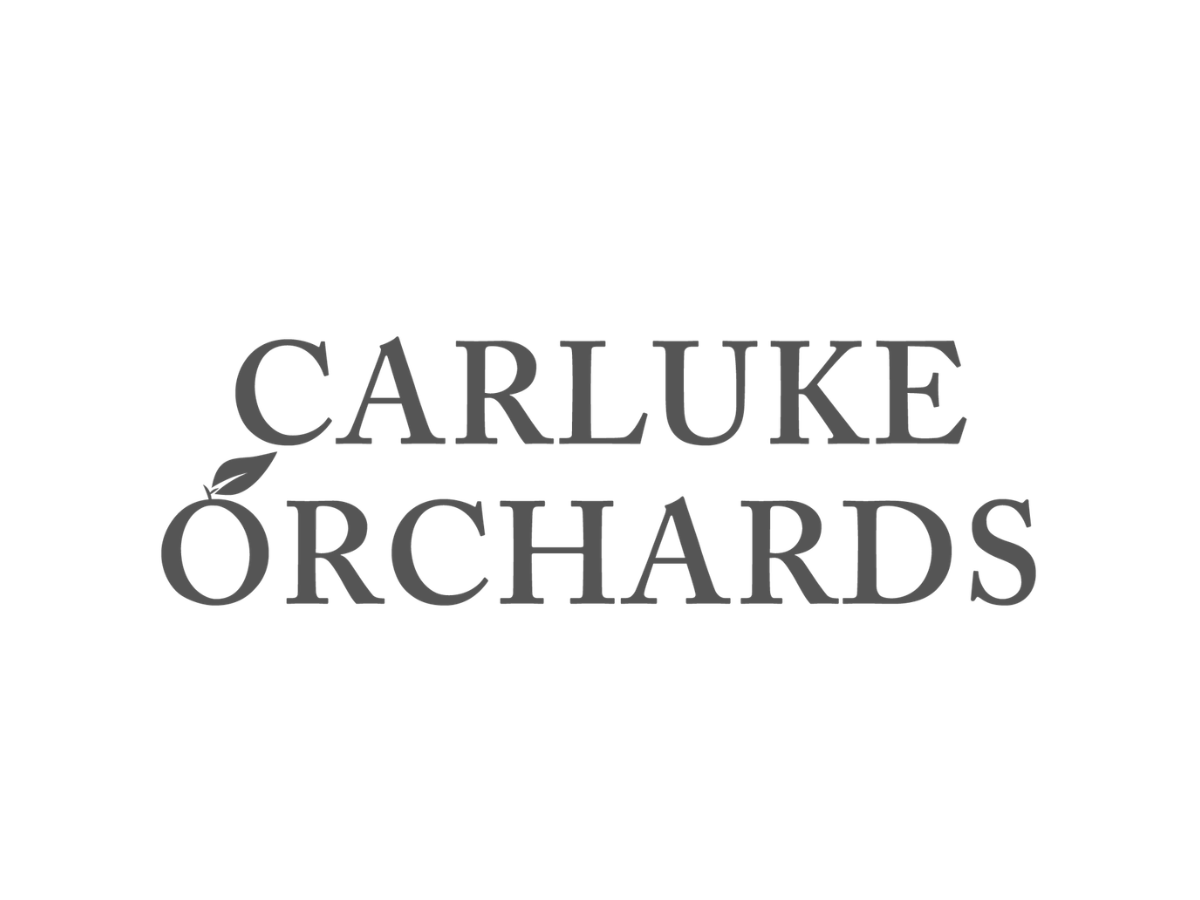 Logo with the words "Carluke Orchards" in gray font, with a small leaf above the "A" in "Carluke."