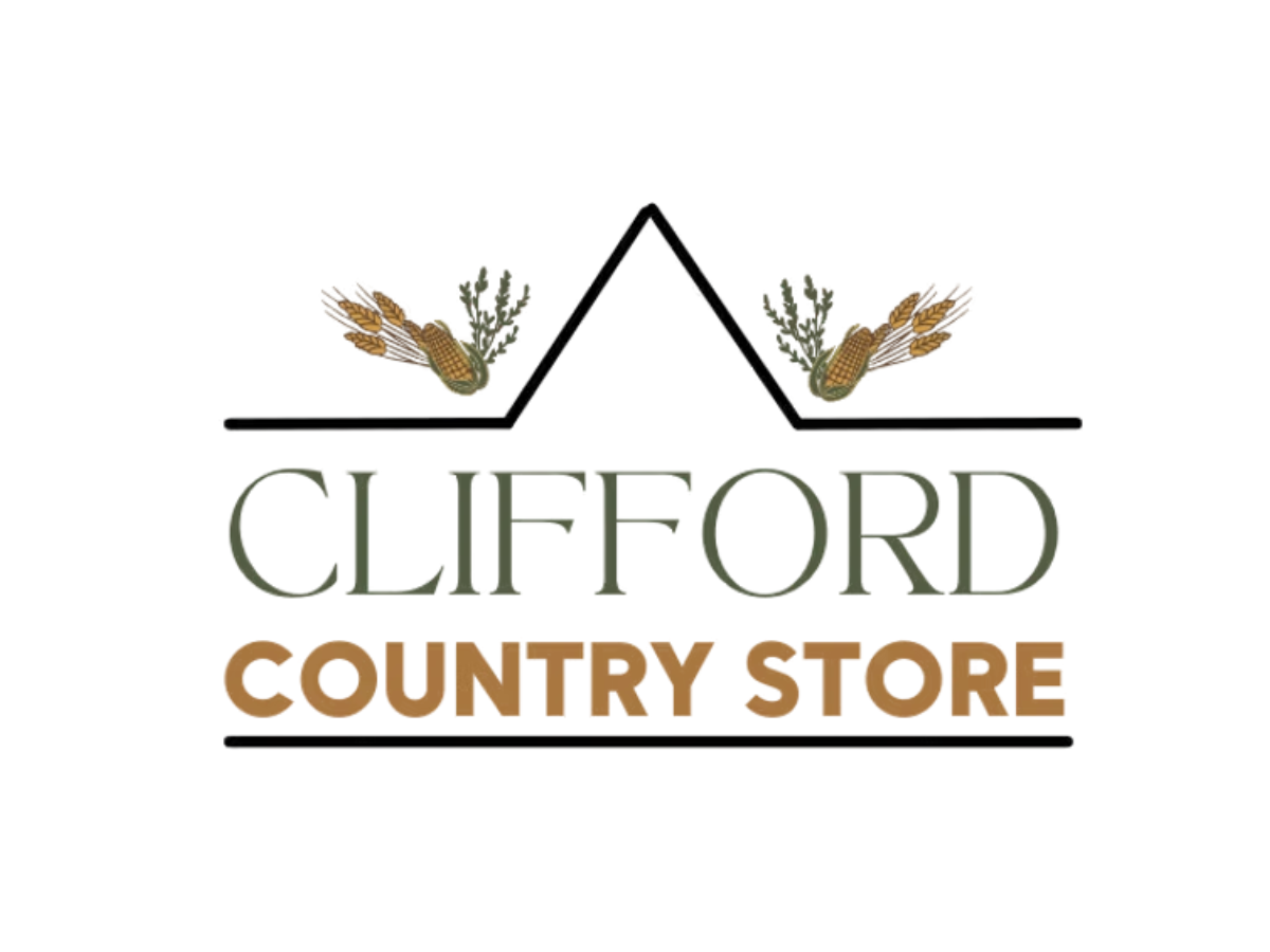 Logo for Clifford Country Store featuring a mountain outline with wheat and greenery accents above and below the name.