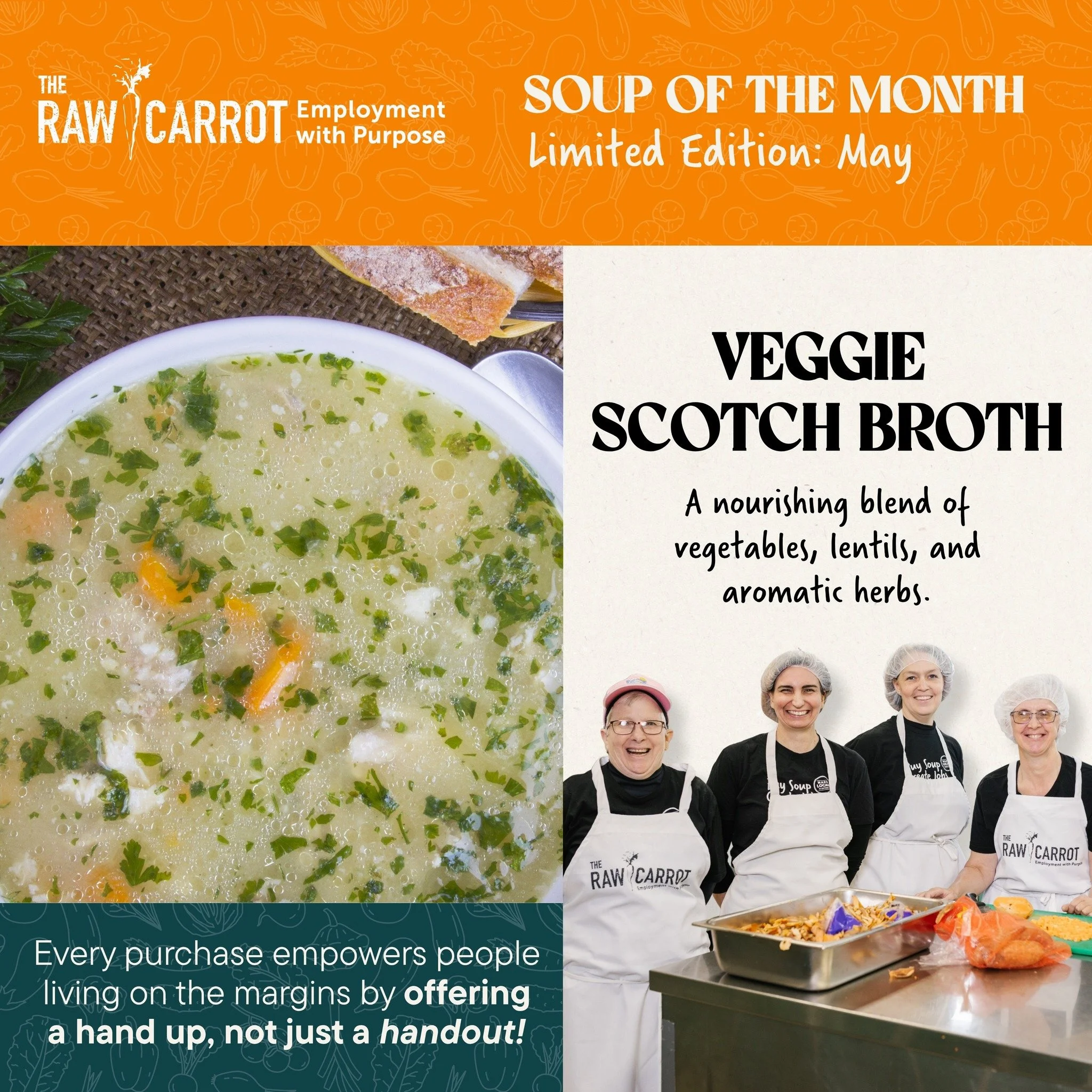 📣 SOUP OF THE MONTH ALERT!

May is here, and we&rsquo;re serving up the comforting goodness of Veggie Scotch Broth! 🥕🌿 A nourishing blend of vegetables, lentils, and aromatic herbs, this hearty soup is packed with wholesome flavour in every spoonf