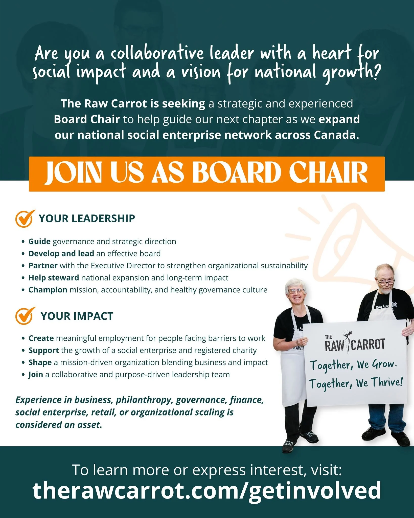 As The Raw Carrot&rsquo;s supported employment social enterprise expands into new communities, we&rsquo;re seeking a Board Chair to help lead this next chapter of impact and national expansion.

This is an opportunity to help shape a growing movement