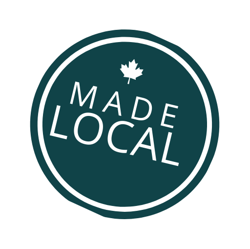 A circular badge with a maple leaf at the top and the words "Made Local" inside.