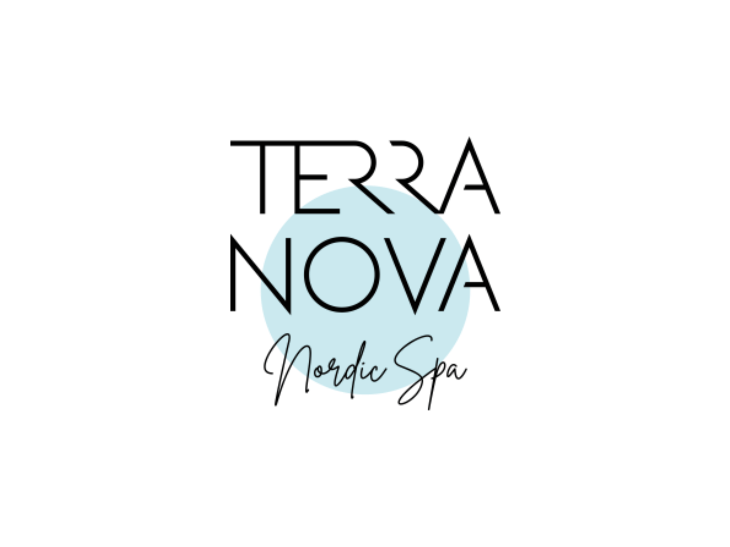 Logo for Terra Nova Nordic Spa with black text, light blue circle background, and cursive text.