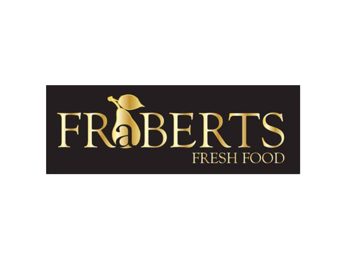 Fraberts logo with a black background, gold text, and a lemon graphic above the letter F, stating "Fraberts Fresh Food".