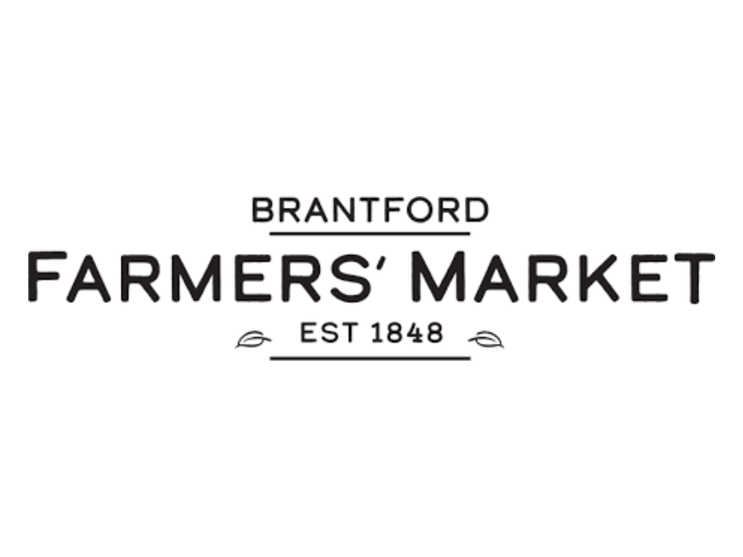 Logo of Brantford Farmers' Market, established in 1848, with text and small leaf icons.