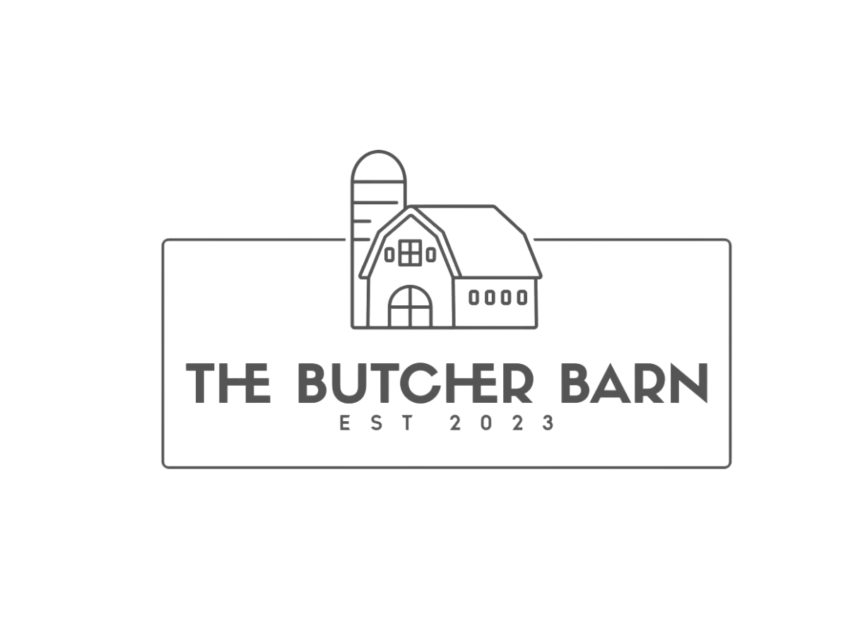 Logo of The Butcher Barn, established 2023, featuring a line drawing of a barn and silo.
