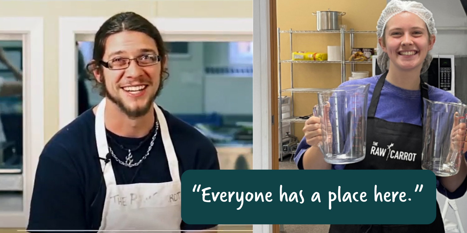 A man wearing glasses and a woman wearing a hairnet and apron in a kitchen. The woman is holding two large measuring cups. The man is smiling and the woman is also smiling. There is a quote that reads 'Everyone has a place here.'