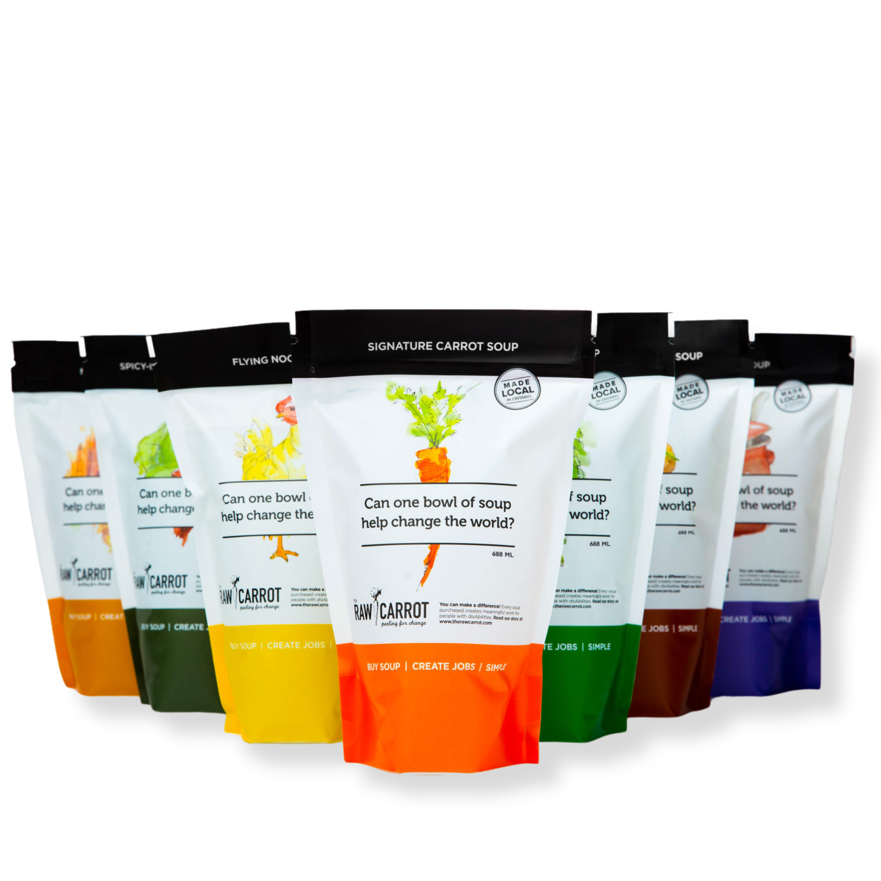 Multiple colorful packages of soup, with each package featuring a carrot illustration and the text 'Can one bowl of soup help change the world?'