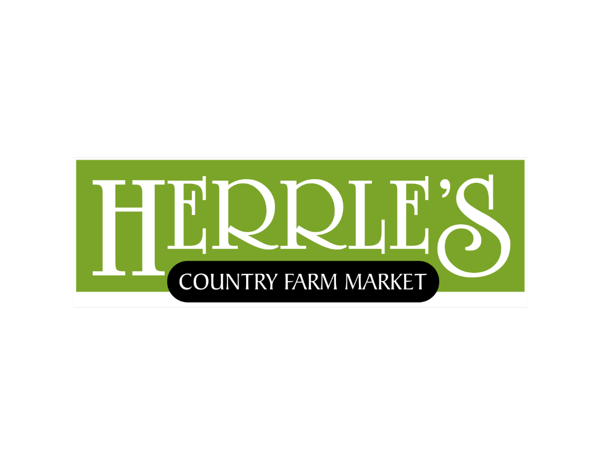 Logo for Herrle's Country Farm Market with green background and white text for Herrle's, black background with white text for Country Farm Market