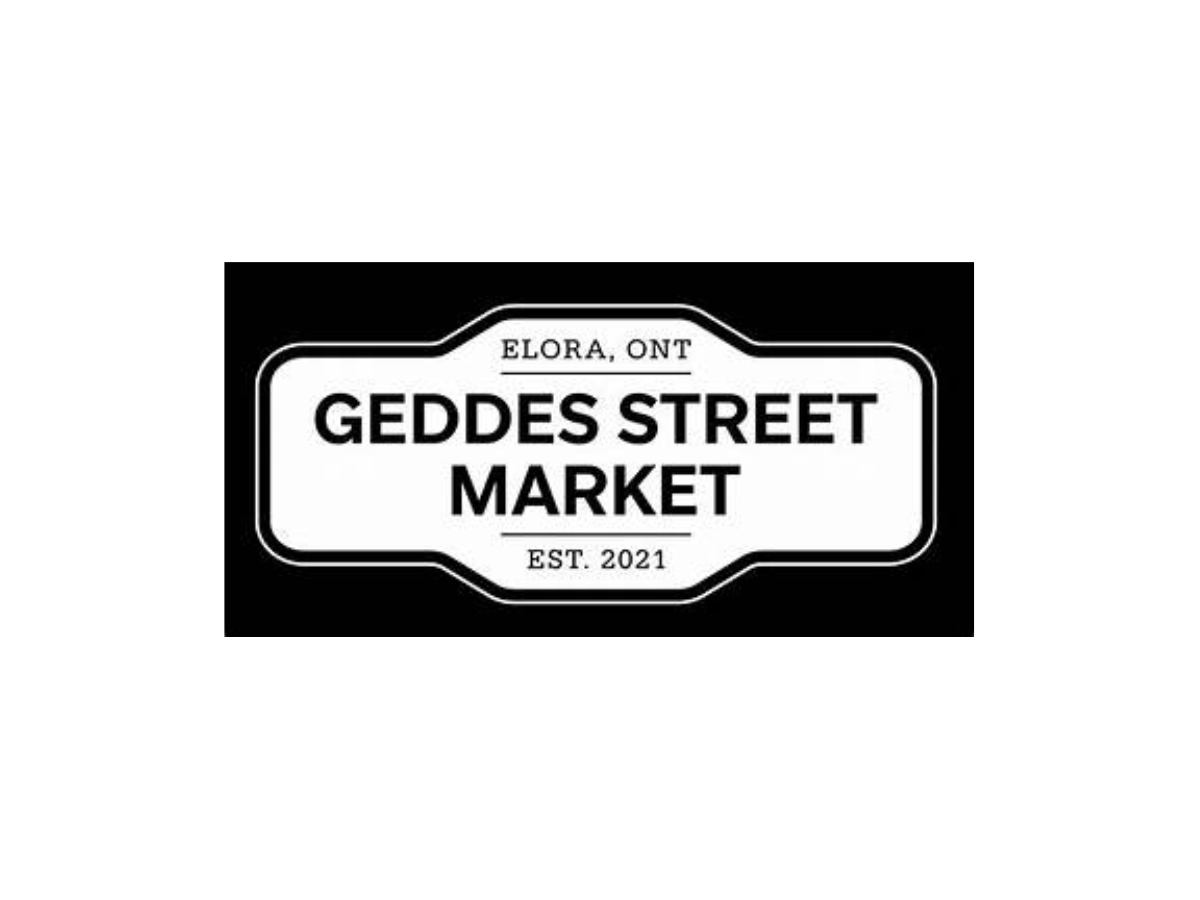 Black and white sign for Geddes Street Market in Elora, Ontario, established in 2021.