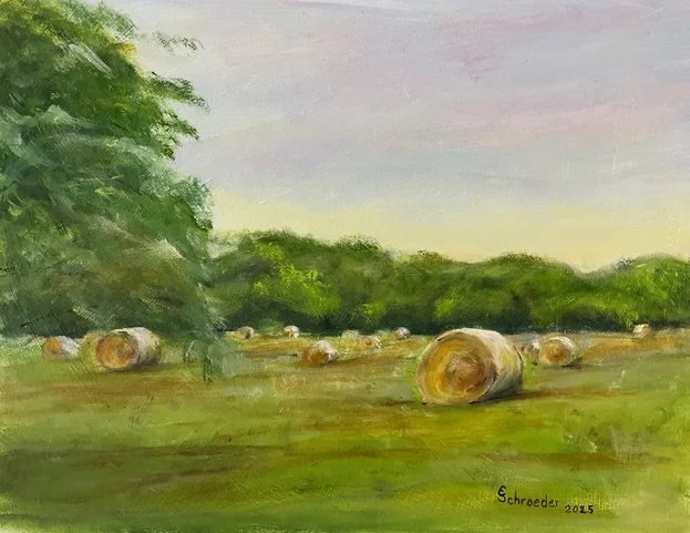 A landscape painting of a field with hay bales, trees on the left, and a cloudy sky.