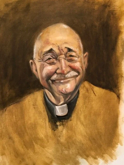 Painting of a smiling elderly priest wearing glasses and a brown clerical robe with a white collar.
