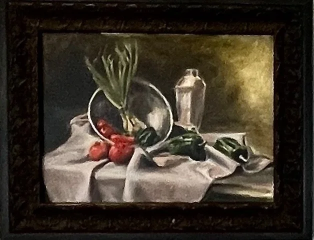 Still life painting of a glass bowl with green onions and red radishes, a ceramic pot, and dark green peppers on a white cloth surface.