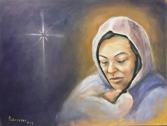 Painting of a woman with a hoodie, eyes closed, with a halo-like glow and star in the background.