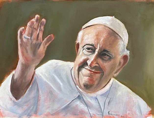 Painting of Pope Francis waving with a smile, wearing white papal attire and a zucchetto, against a muted background.