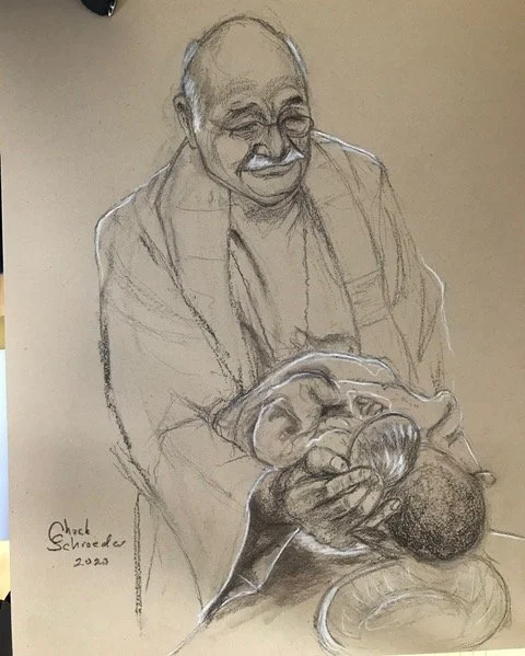 Hand-drawn sketch of an elderly man smiling, holding a baby in his arms.