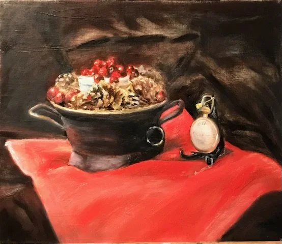 A still life painting of a dark bowl filled with fruit and food, sitting on a red cloth, with a gold pocket watch beside it.