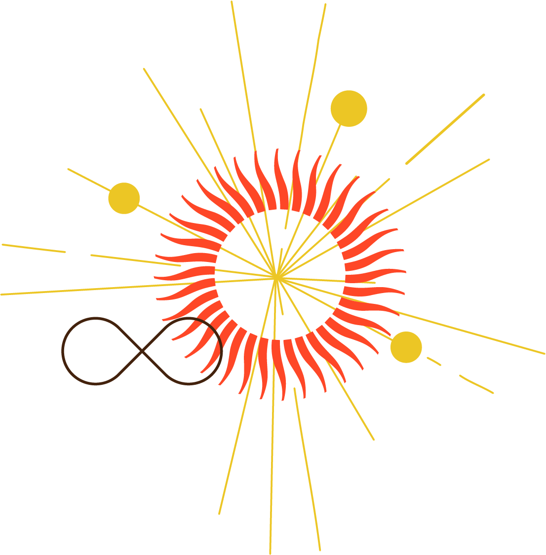 Rote Sonnenscheibe mit goldenen Strahlen, Unendlichkeitszeichen und Punkten – Symbol für Energie, Verbindung und Entwicklung in der Beratung, Nel Westerholt Oldenburg