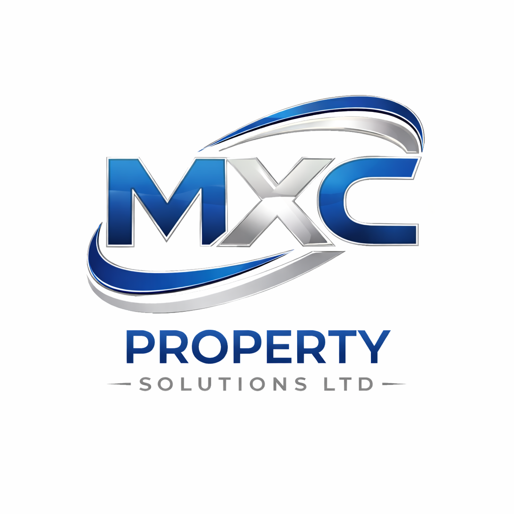 Logo for MXC Property Solutions Ltd featuring blue and silver stylized text with swoosh design elements.
