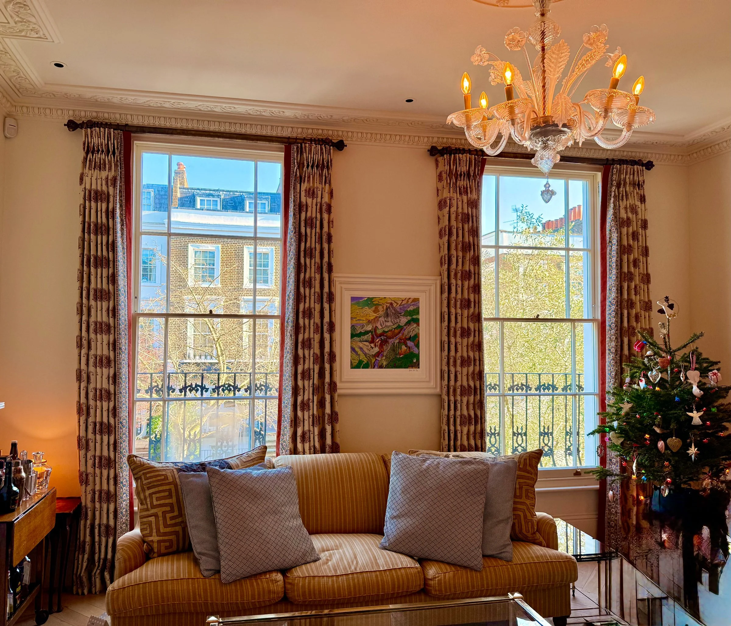 Handmade bespoke double pinch pleat interlined curtains in Amro from Namay Samay & block print backing from The Cloth Shop. Installed on bespoke antique brass poles from Hunter & Hyland.