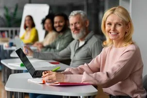 A group of diverse people sitting at a long table with laptops, smiling at the camera during a meeting or workshop.