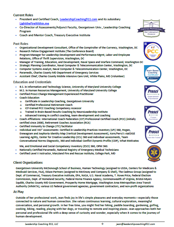 A detailed text document listing current and past roles, education credentials, coaching qualifications, client organizations, and work philosophy. The document includes logos for leadership coaching, PCC certification, Brain-Based Coaching, and others.