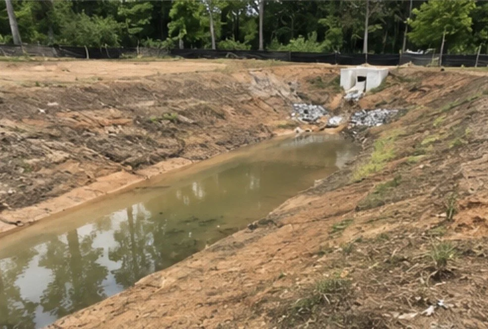 A small water channel with murky water, fenced trees in the background, and a white structure at the end of the channel releasing water into the channel.