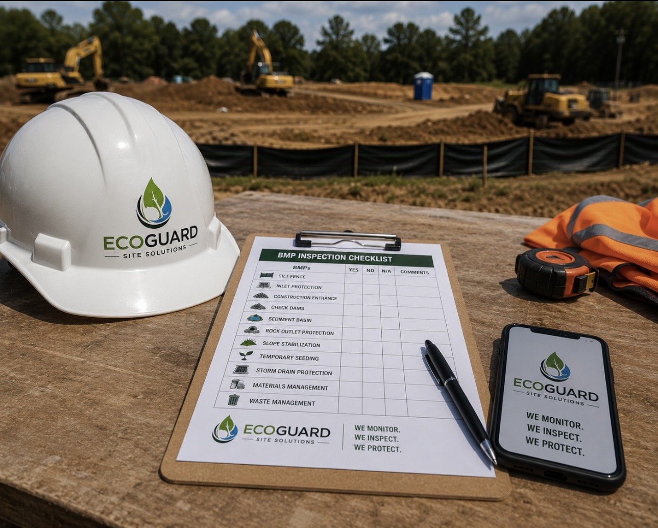 Construction site with a white Eco Guard safety helmet, a clipboard with inspection checklist, a smartphone displaying the Eco Guard logo, a pen, and safety equipment on a wooden surface. In the background, construction machinery and excavated dirt are visible.
