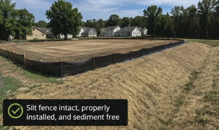 A vacant lot with a black silt fence installed around its perimeter, on a clear day with houses and trees in the background.