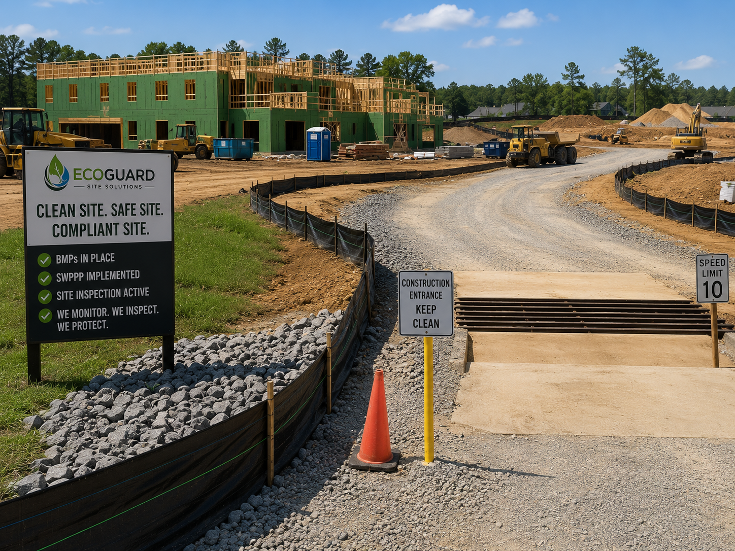 A construction site with a building under construction, machinery, and safety signs including one that says 'Clean site. Safe site. Compliant site' and another that states 'Construction entrance keep clean'. There is a gravel road with a speed limit sign of 10 mph and orange safety cones.