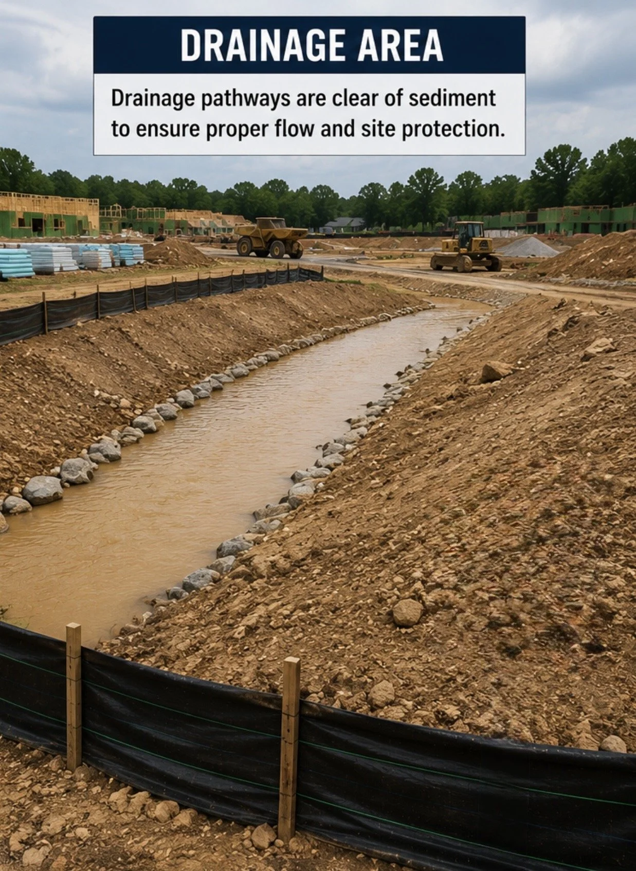 Construction site with soil, rocks, and a drainage ditch, bordered by a black silt fence, under a cloudy sky.