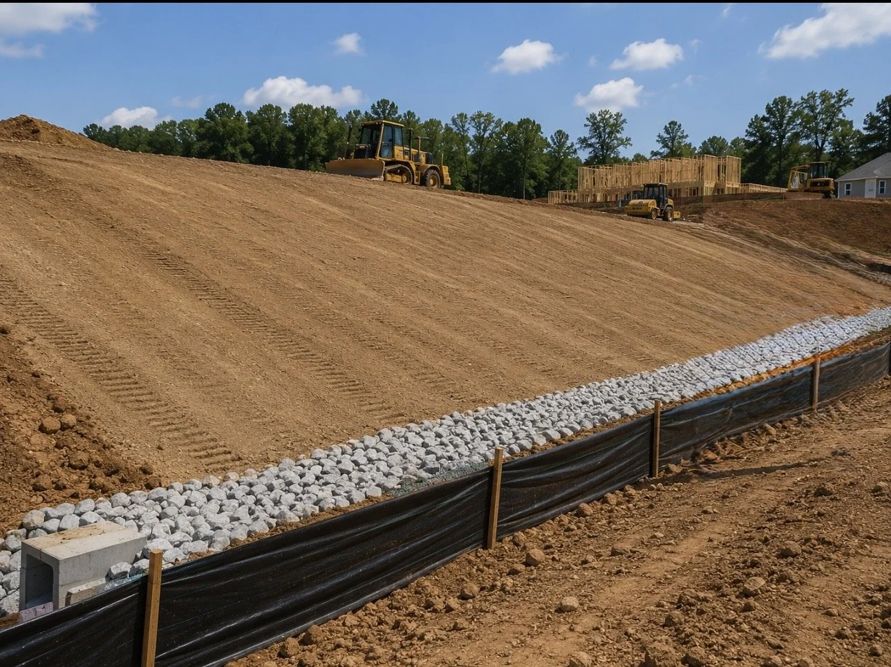 Construction site with bulldozers on a dirt hill, wooden framing for a house, gravel and drainage pipe along the base, and a house under construction in the background under a blue sky.
