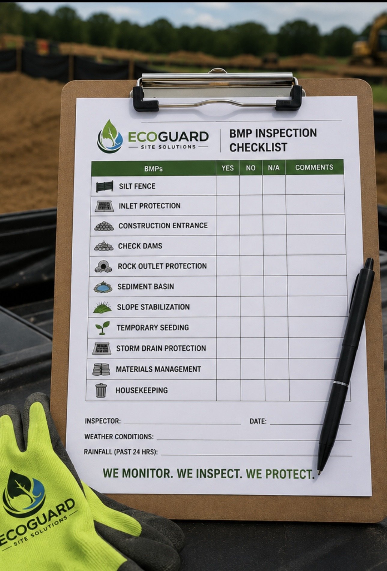 A clipboard with a BMP inspection checklist from EcoGuard Site Solutions at a construction site, showing various environmental inspection items to be checked off.