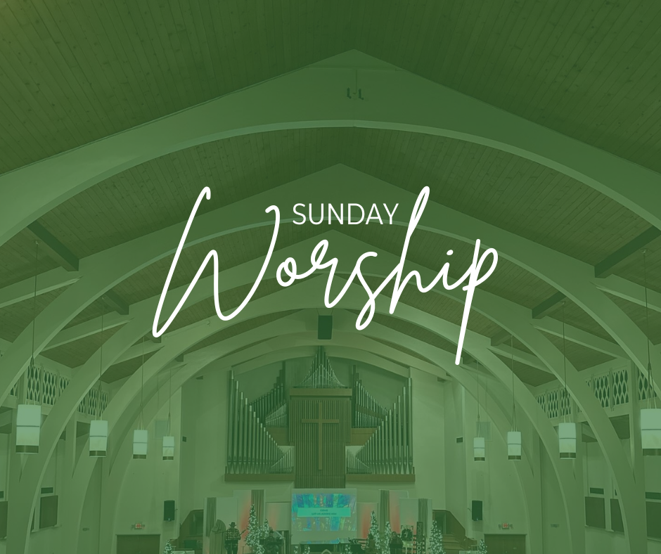 Interior of a church with wooden ceiling and an organ at the front, overlaid with text reading "Sunday Worship."