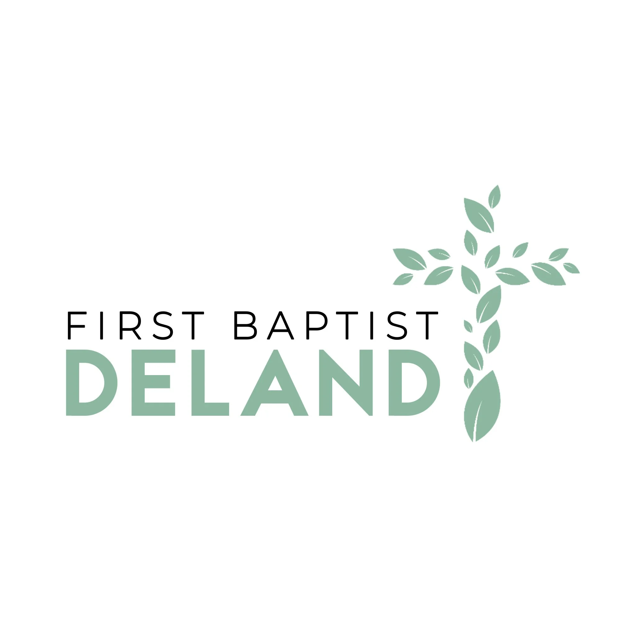 Logo for First Baptist Deland featuring black and green text with a cross made of green leaves.