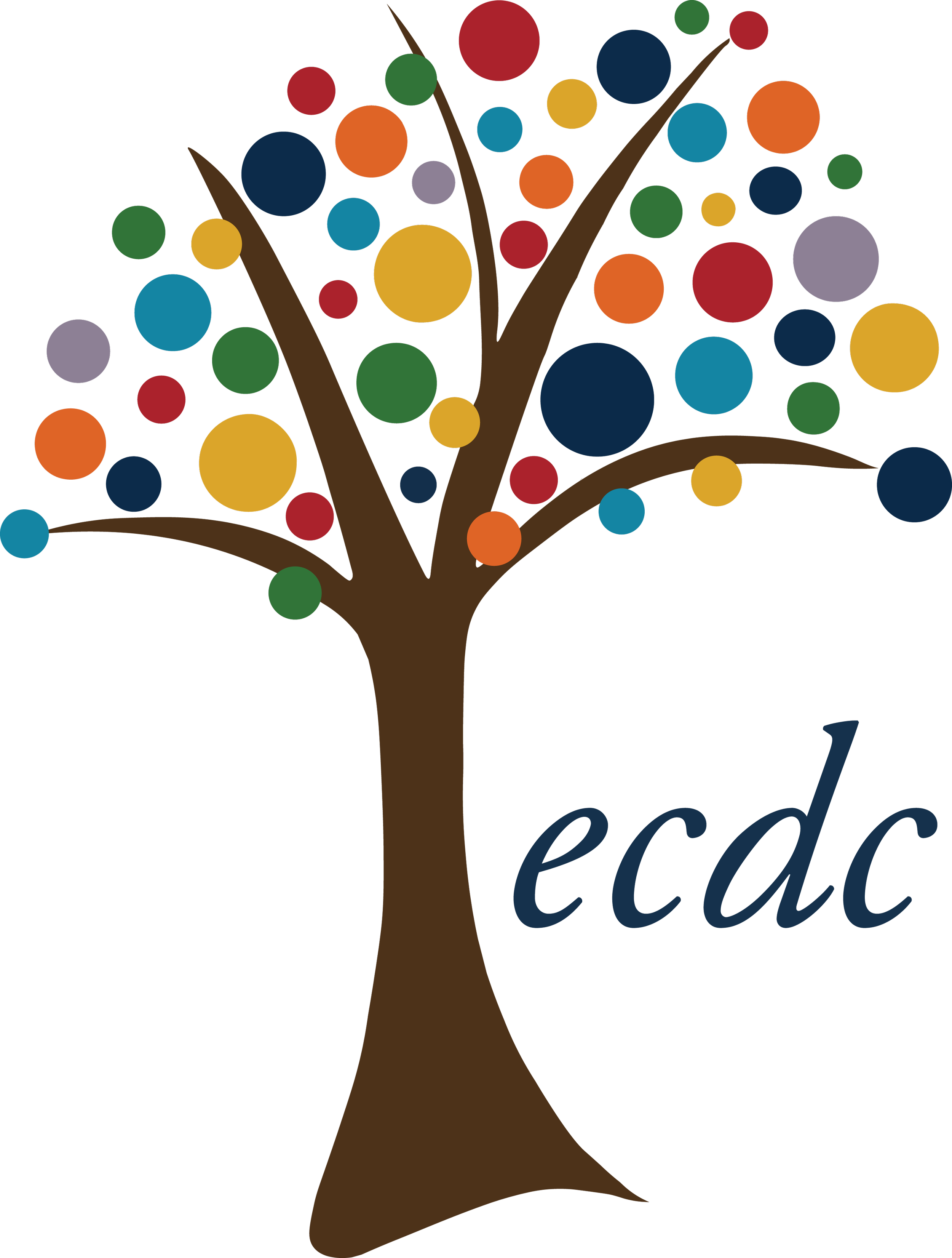 A stylized tree with brown trunk and branches, colorful circles representing leaves or fruits, and the word 'ecdc' in lowercase blue and red letters.
