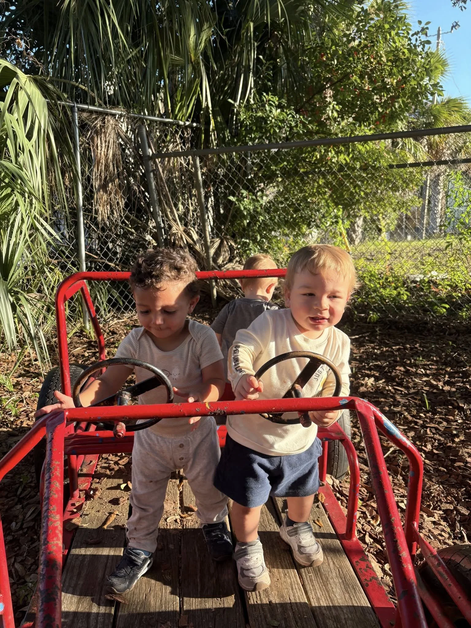 Two young children sit in a small red pedal car outdoors, with one child looking serious and the other with a slightly distressed expression. They are surrounded by greenery and tall plants, with a chain-link fence in the background.