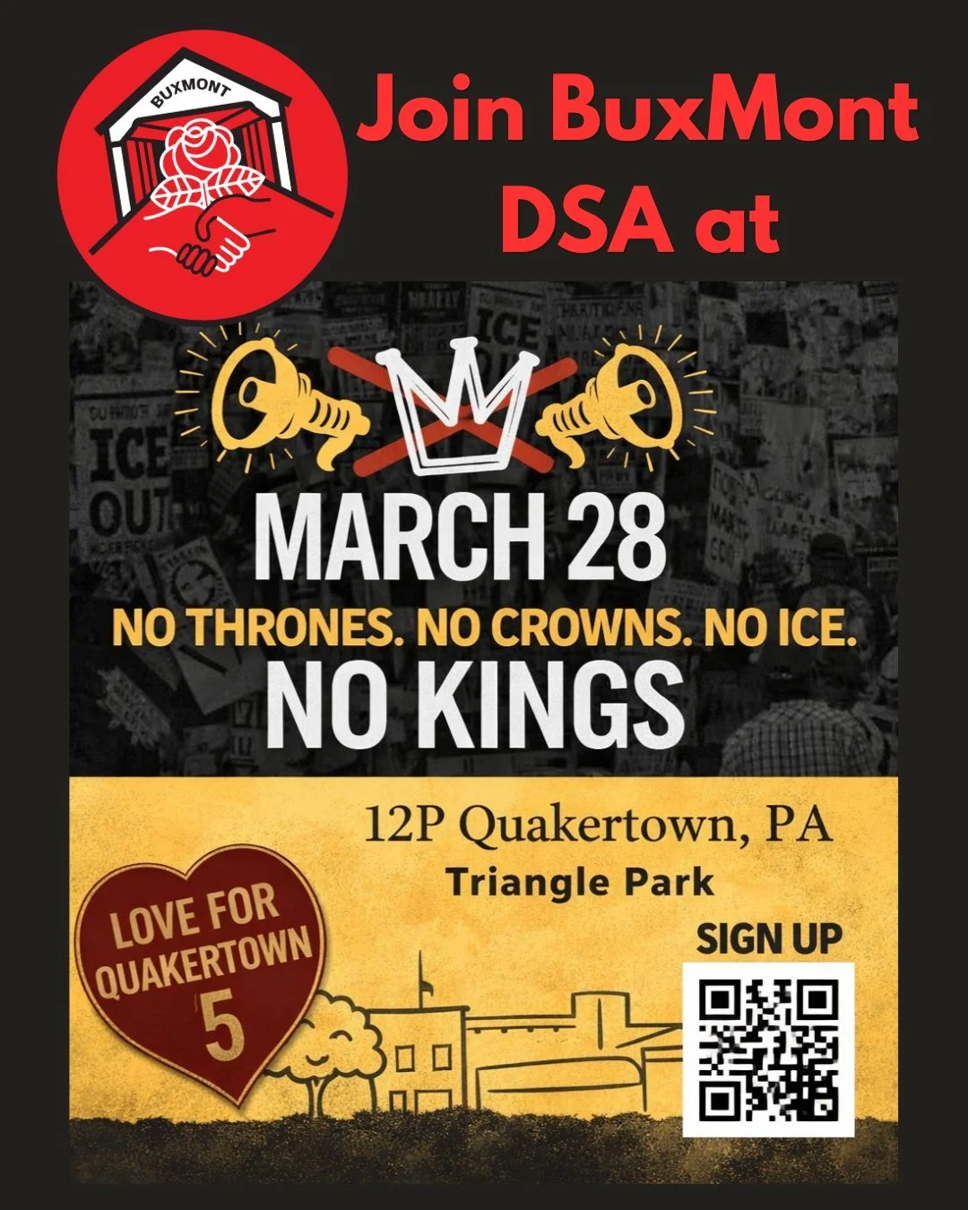 We'll be at tabling at No Kings- Quakertown and attending rallies throughout BuxMont to talk to folks about our values and demands for a better world for the working class.
