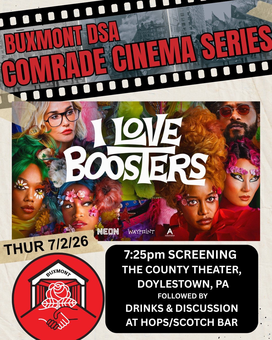 7/2 @ 7:25PM- Join us for a screening of Boots Riley's socialist film I Love Boosters at @countytheater in Doylestown. Drinks and discussion following the movie at @hopsscotch22 bar (a 2 minute walk away) to cap off the night. RSVP via the link in bi